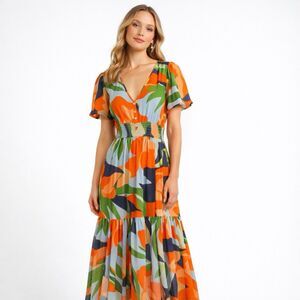 Abel The Label Small Colorful Floral Midi Dress Smocked Waist Boho Cottagecore